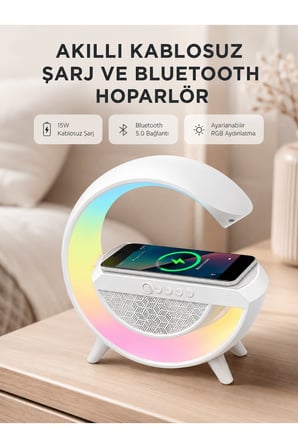 Kablosuz Şarjlı Bluetooth Hoparlör ve Gece Lambası – NFC, FM Radyo, RGB Işık