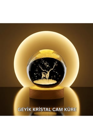 Doğal Ahşap Standlı Geyik Figürlü Kristal Küre LED Dekoratif Lamba