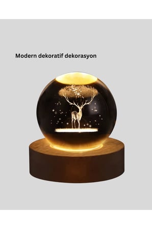 Doğal Ahşap Standlı Geyik Figürlü Kristal Küre LED Dekoratif Lamba