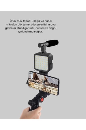 Video Çekim Kiti Tripod LED Işık Harici Mikrofon ve Bluetooth Kumanda Seti