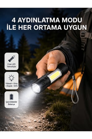 Ultra Dayanıklı 4 Mod Şarjlı Işıldak | Suya ve Darbeye Dayanıklı | 100.000 Saat LED Ömrü