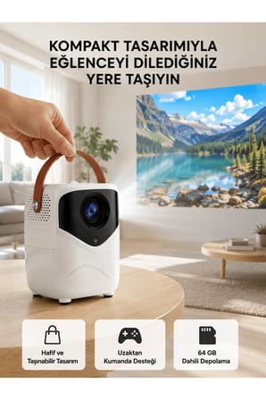 Mini Akıllı Projektör – 1080P Full HD, 64GB Depolama, 2GB RAM, Uzaktan Kumanda Destekli Yeni Nesil