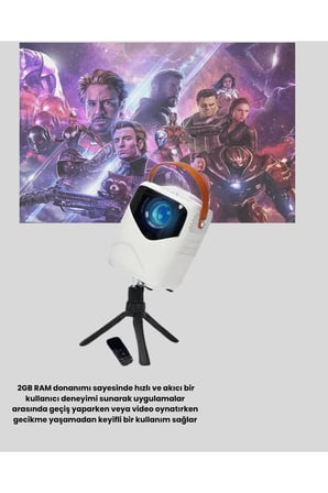 Mini Akıllı Projektör – 1080P Full HD, 64GB Depolama, 2GB RAM, Uzaktan Kumanda Destekli Yeni Nesil
