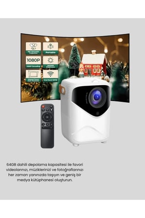 Mini Akıllı Projektör – 1080P Full HD, 64GB Depolama, 2GB RAM, Uzaktan Kumanda Destekli Yeni Nesil