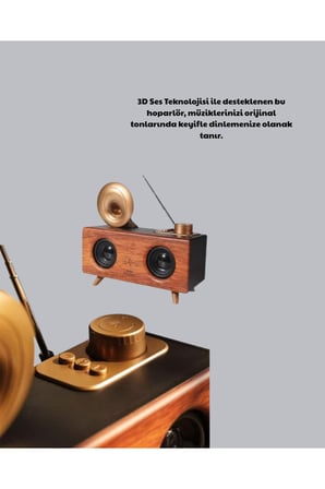 Çift Hoparlörlü Bluetooth Gramofon Speaker – FM Radyo, USB, SD Kart ve AUX Girişli