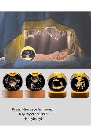 Yunus Figürlü LED Kristal Küre Ahşap Standlı Dekoratif Gece Lambası