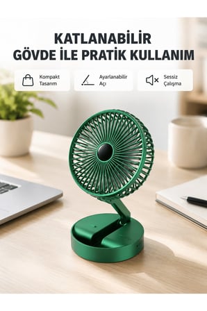 Şarjlı Katlanabilir Mini Fan – 3 Kademe Hız Ayarı, Taşınabilir Tasarım