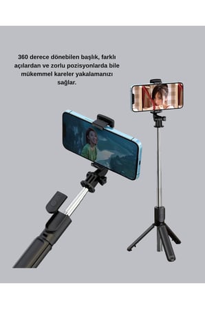 Kablosuz Bluetooth Selfie Çubuğu – 360° Dönebilir Başlık, Taşınabilir ve Şık Tasarım