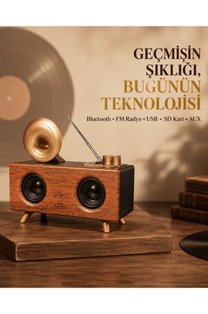 Çift Hoparlörlü Retro Bluetooth Speaker 1800mAh Bataryalı AUX USB SD Kartlı