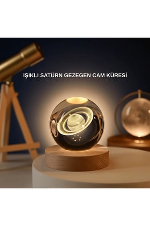 Satürn Gezegenli Kristal Küre LED Lamba USB’li Ahşap Standlı