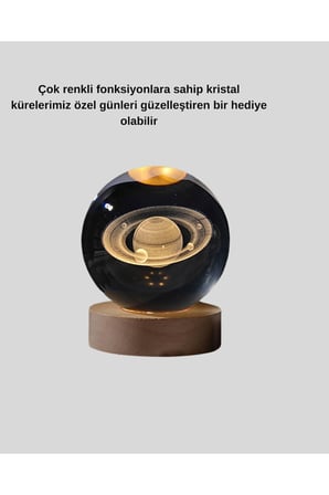 Satürn Gezegenli Kristal Küre LED Lamba USB’li Ahşap Standlı