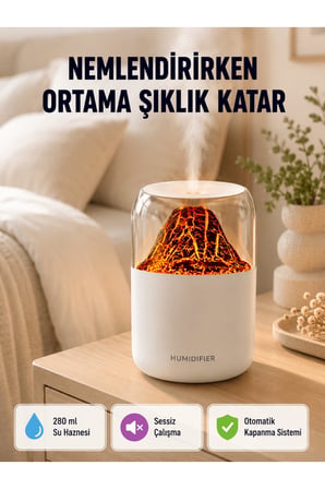 Alev Efektli Ultrasonik Uçucu Yağ Difüzörü 280ml Su Tanklı ve Sessiz Çalışma Özellikli