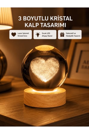 Romantik Kalpli Kristal Cam Küre USB’li Işıklı Dekoratif Obje