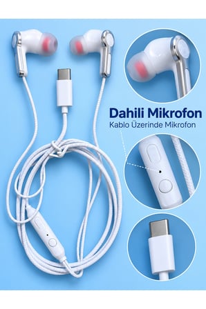 Type C Girişli Mikrofonlu Beyaz Kablolu Kulak İçi Kulaklık