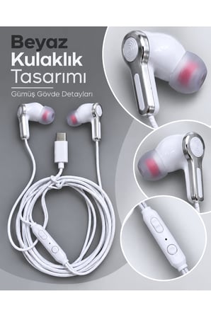 Örgülü Kablo Tasarımlı Kumandalı Beyaz Type C Kulaklık