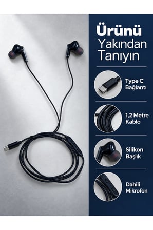 Dahili Mikrofonlu Type C Kablolu Kulaklık Siyah Gövde