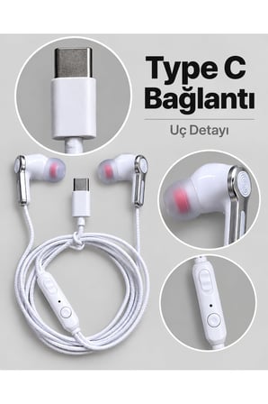 Kumandalı ve Silikon Başlıklı Beyaz Type C Kablolu Kulaklık