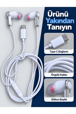 Kumandalı ve Silikon Başlıklı Beyaz Type C Kablolu Kulaklık