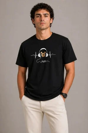 Modi Green Erkek Müzik Temalı Baskılı Tişört Bisiklet Yaka Kısa Kol T-Shirt - Siyah