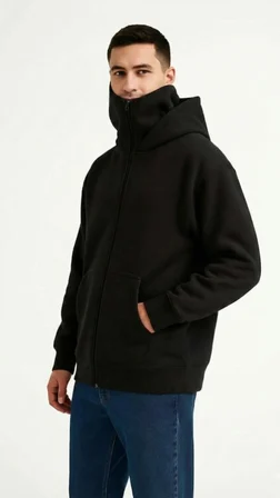 Modi Green Samuray Ninja Çift Kapüşonlu ZIP Fermuarlı Kanguru Cepli Tam Fermuarlı Hoodie Sweatshirt - Siyah