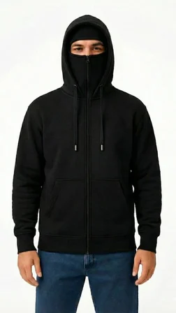 Modi Green Samuray Ninja Çift Kapüşonlu ZIP Fermuarlı Kanguru Cepli Tam Fermuarlı Hoodie Sweatshirt - Siyah