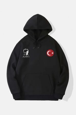 Modi Green 10 Kasıma Özel Üç İplik Kapşonlu Baskılı SweatShirt - Siyah