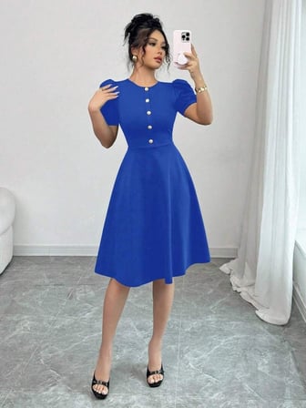 Kadın Kısa Kollu Bisiklet Yaka önden Düğmeli Ithal Krep Elbise - Saks Mavi / XL