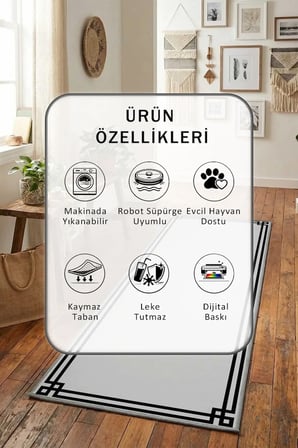 Ehl-219 Gri Siyah İnce Yıkanabilir Yolluk Halı Kaymaz Taban Salon Mutfak
