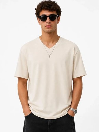 Modi Green Erkek V Yaka Basic Tişört Kısa Kol Yazlık Regular Fit T-Shirt - Bej