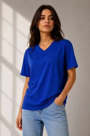 Modi Green V Yaka Basic Tişört Kısa Kol Yazlık Regular Fit T-Shirt - Saks Mavisi