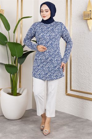 Modi Desenli Tesettür Tunik LACİVERT