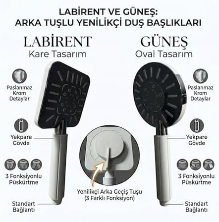 Yenilikçi Arka Tuşlu Duş Başlığı, Kare ve Oval Tasarım, 3 Fonksiyonlu, Paslanmaz Krom Detaylı, Yekpare Gövde (Beyaz, Labirent)