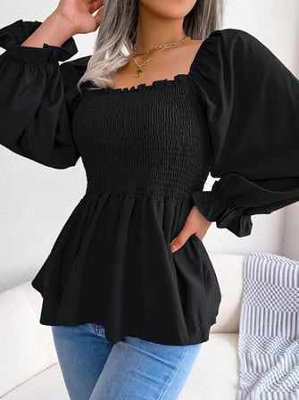 Kadın Uzun Kollu Geometrik Yakalı Gipe Detaylı Krep Bluz - Siyah / 2XL-3XL