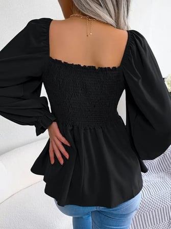 Kadın Uzun Kollu Geometrik Yakalı Gipe Detaylı Krep Bluz - Siyah / 2XL-3XL