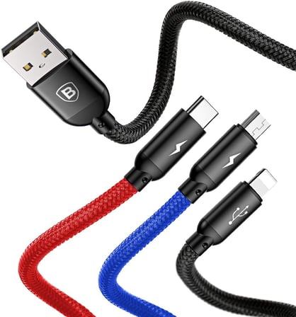 3 in 1, Lightning için Şarj &amp; Data Aktarım, Micro USB &amp; USB-C için Şarj Kablosu, 0.3 Metre, Siyah