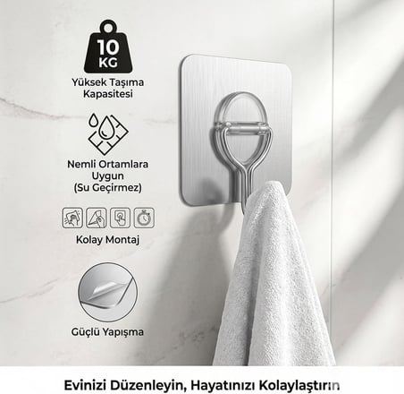 Yapışkanlı Askılık Seti, 3'lü, Gümüş ve Bronz Renk, 10 kg Taşıma Kapasiteli, Kolay Montaj (GÜMÜŞ)