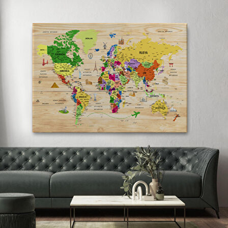 Harita Sepeti Ahşap Görünümlü Türkçe Dünya Haritası Sembollü Eğitici Dekoratif Kanvas Tablo 2911