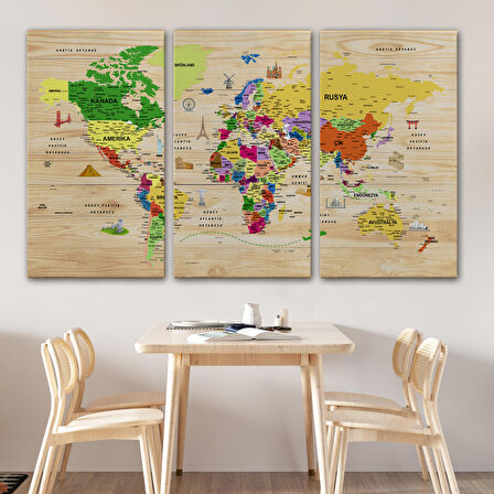 Harita Sepeti Ahşap Görünümlü Türkçe Dünya Haritası Sembollü Eğitici Dekoratif Kanvas Tablo 2911