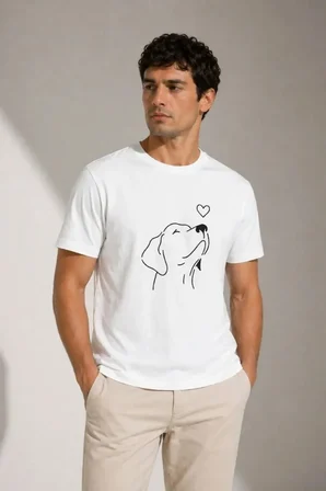Modi Green Erkek Köpek Figürlü Minimal Baskılı Tişört Kısa Kol Yazlık T-Shirt - Beyaz