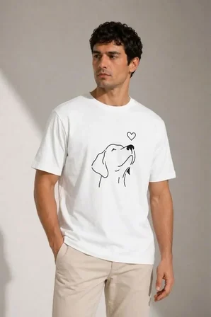 Modi Green Erkek Köpek Figürlü Minimal Baskılı Tişört Kısa Kol Yazlık T-Shirt - Beyaz