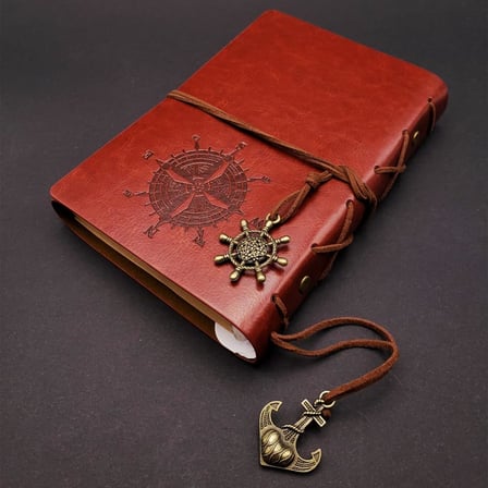 Retro Vintage Pusula Baskılı Çapa Ve Dümen Kolye Uçlu Deri Kapaklı Günlük Not Defteri Denizci Defter Özel Tasarım Hediyelik Kahverengi