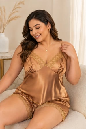 Loule Kadın Büyük Beden Altın Saten Dantel Detaylı İnce Askılı Şortlu 2'li Pijama Takımı