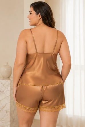 Loule Kadın Büyük Beden Altın Saten Dantel Detaylı İnce Askılı Şortlu 2'li Pijama Takımı