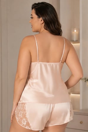Loule Kadın Büyük Beden Somon Saten Geniş Dantel Detaylı Şortlu 2'li Pijama Takımı