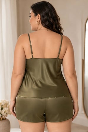 Loule Kadın Büyük Beden Haki Saten Dantel Detaylı İnce Askılı Şortlu 2'li Pijama Takımı