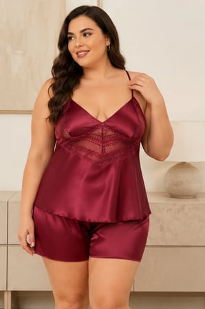 Loule Kadın Büyük Beden Bordo Saten Geniş Dantel Detaylı Şortlu 2'li Pijama Takımı