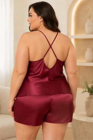 Loule Kadın Büyük Beden Bordo Saten Geniş Dantel Detaylı Şortlu 2'li Pijama Takımı