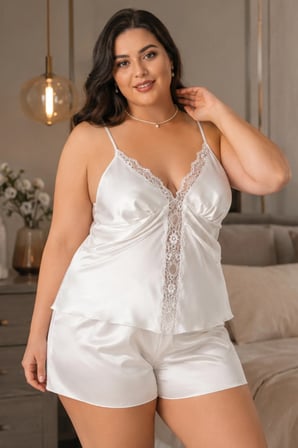 Loule Kadın Büyük Beden Ekru Saten Ön Dantel Detaylı İnce Askılı Şortlu Pijama Takımı