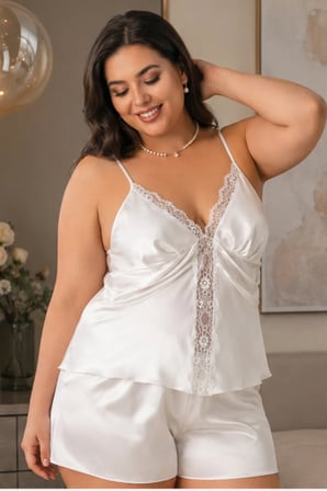 Loule Kadın Büyük Beden Ekru Saten Ön Dantel Detaylı İnce Askılı Şortlu Pijama Takımı