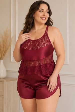 Loule Kadın Büyük Beden Bordo Saten Geniş Dantel Detaylı Şortlu 2'li Pijama Takımı